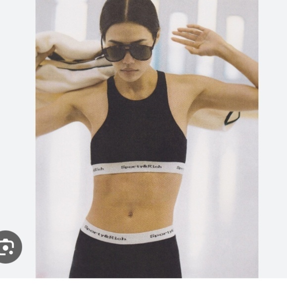 Sporty & Rich Serif Logo Knit Legging and Bra Set Black and White Small - Picture 3 of 12